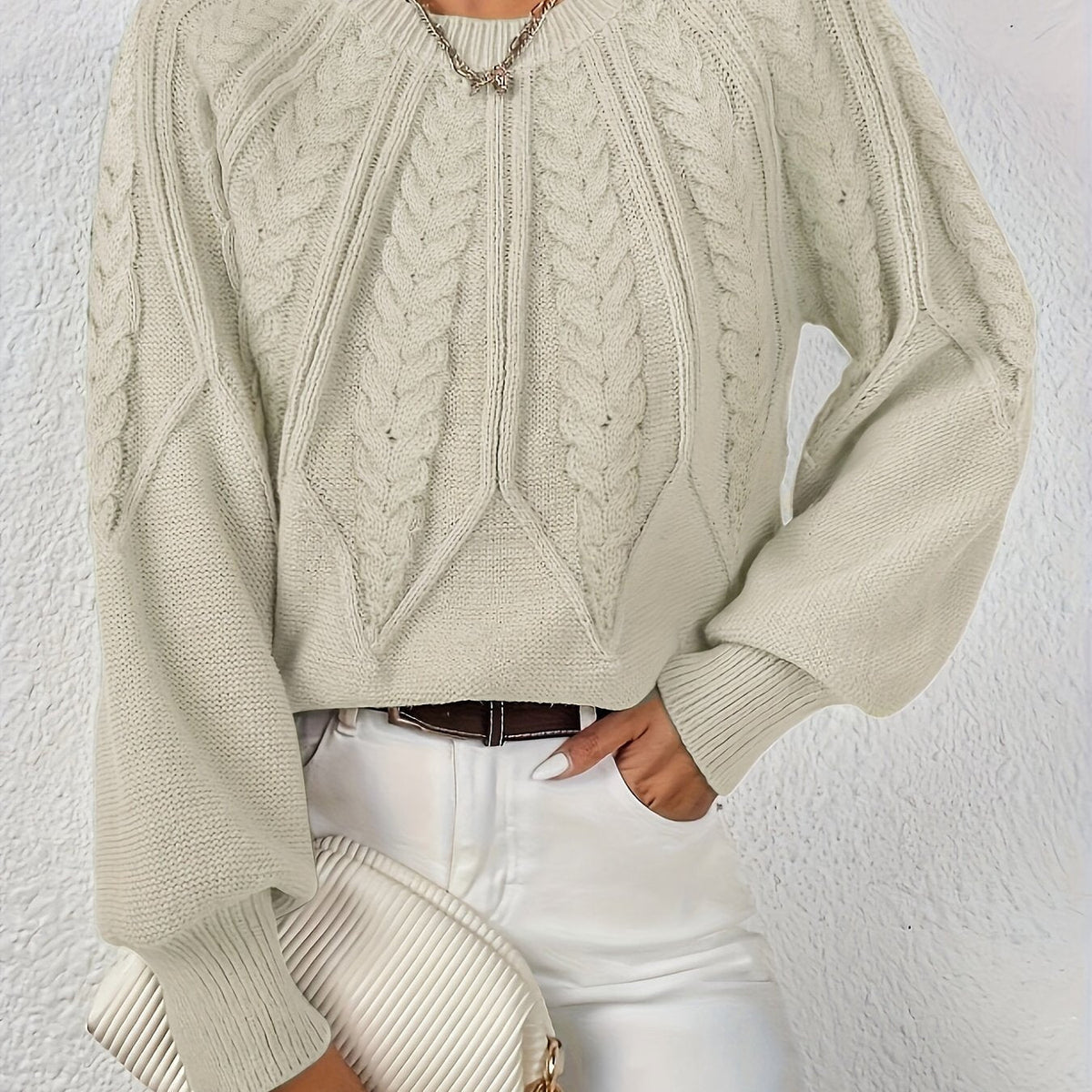 Women's Cable-Knit Raglan Sweater with Ribbed Hem