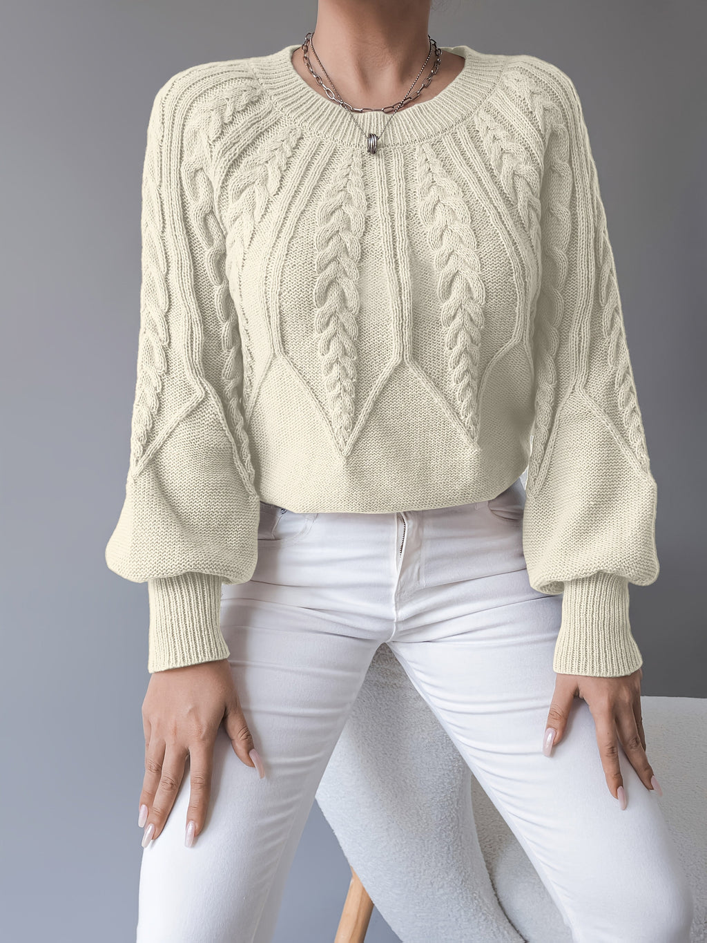 Women's Cable-Knit Sweater with Lantern Sleeves
