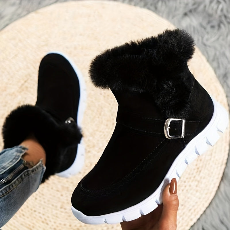 Women's Faux-Fur Trim Ankle Boots with Buckle Detail