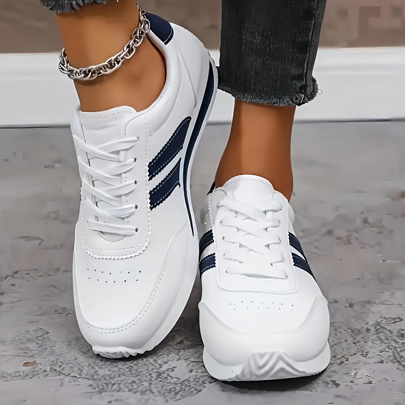 Women's White Striped Lace-Up Sneakers, Round Toe