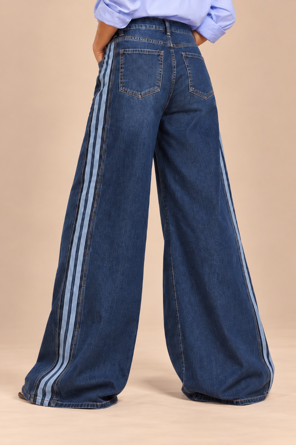 Women's Dark Blue Wide-Leg Jeans With Side Stripes