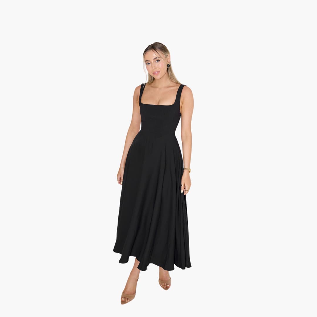 Women’s Midi Dress with Square Neckline and Flared Skirt