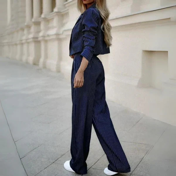 Women's Pinstripe Two-Piece Set with Wide-Leg Pants