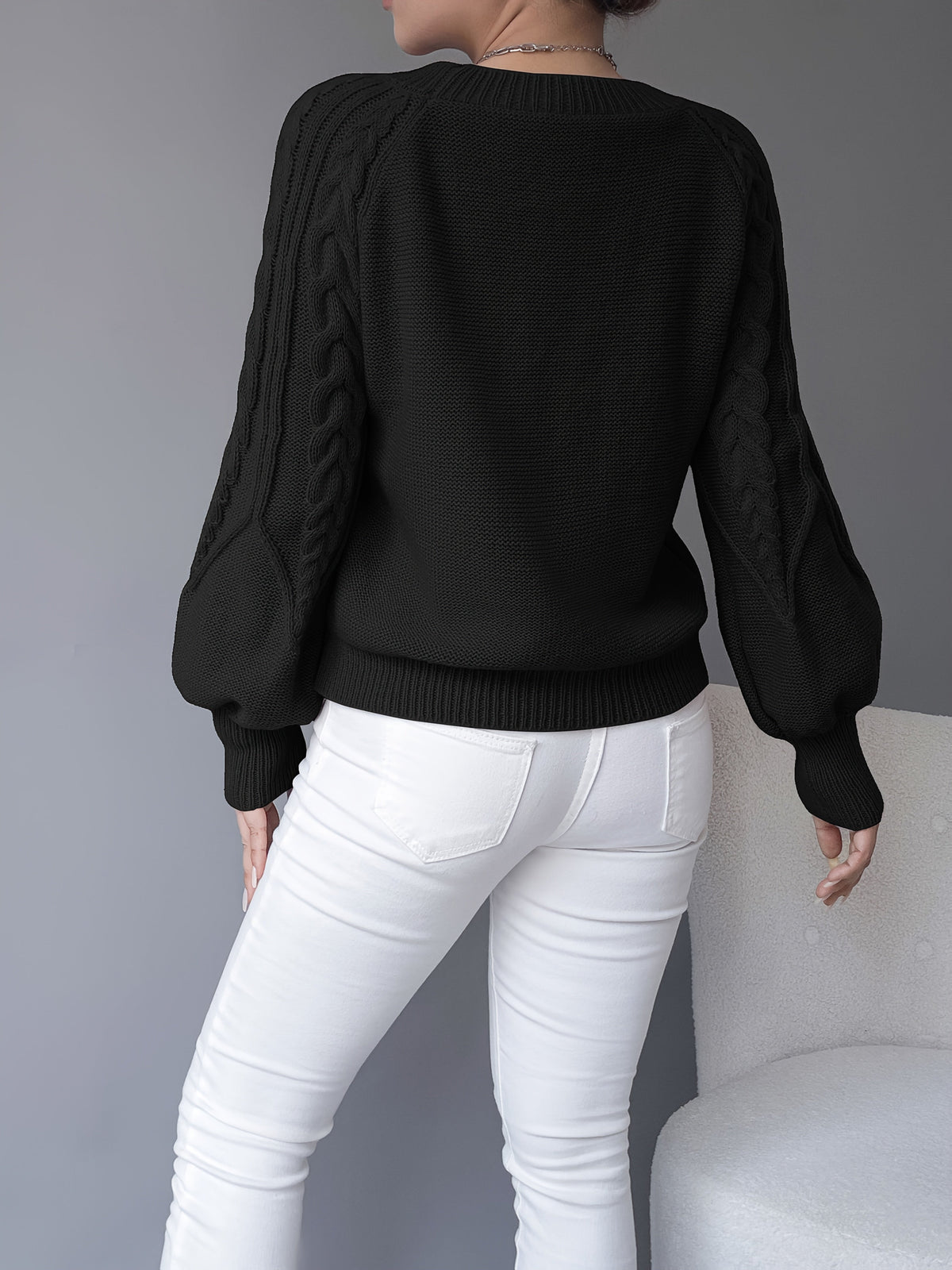 Women's Cable-Knit Sweater with Lantern Sleeves