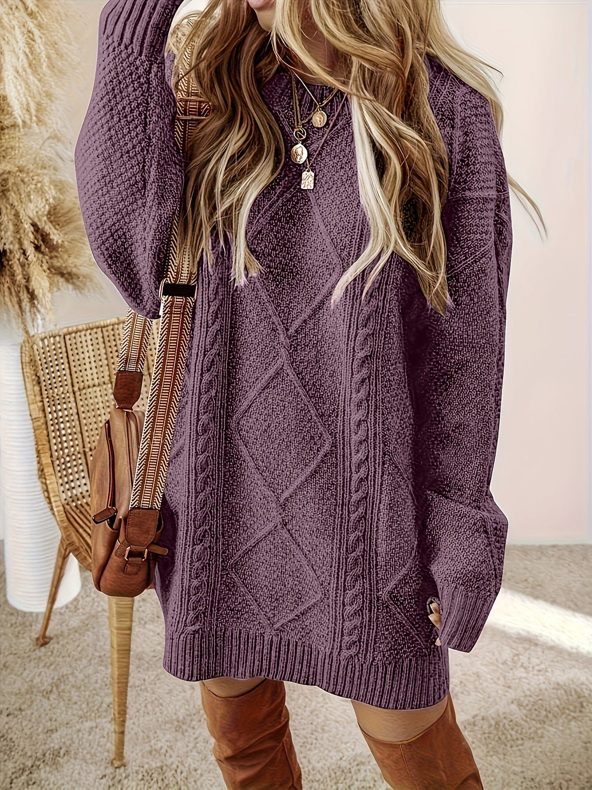 Women's Cable-Knit Sweater Dress Long Sleeve Round Neck