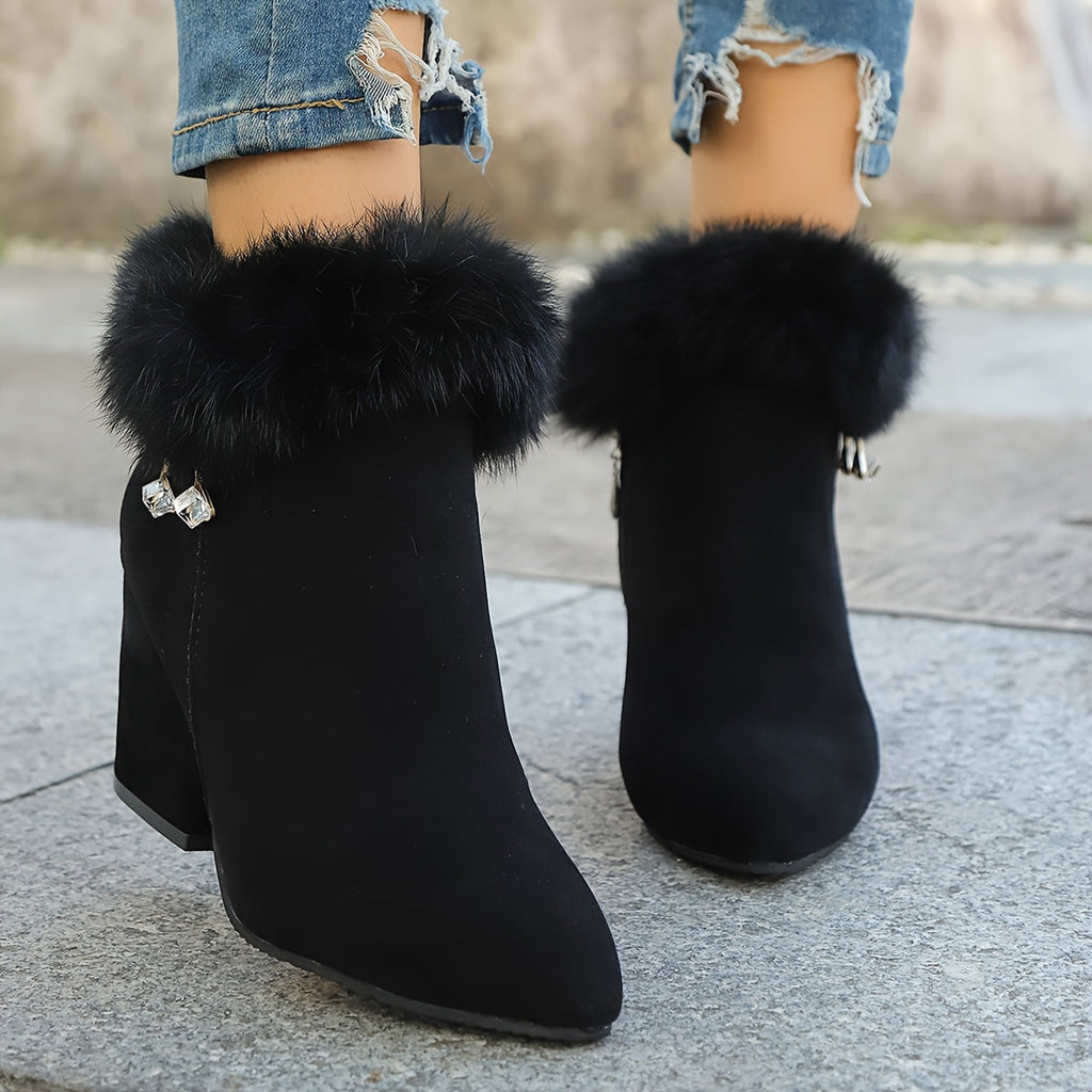 Women's Faux Fur Trim Ankle Boots with Block Heel
