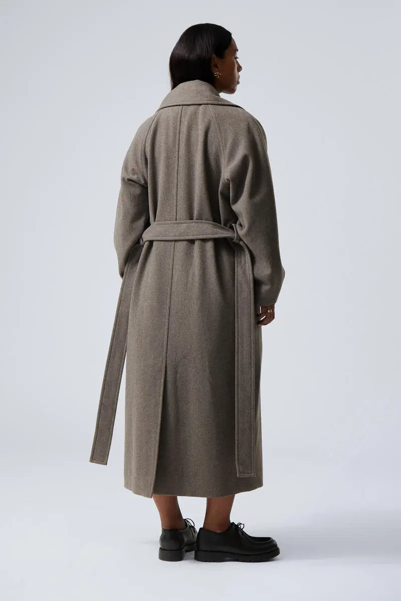 Women's Belted Long Wrap Coat with Notch Collar
