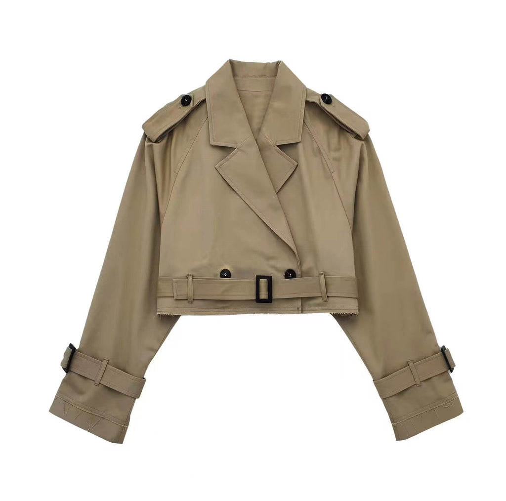 Women's Belted Cropped Trench Coat with Double-Breasted Front