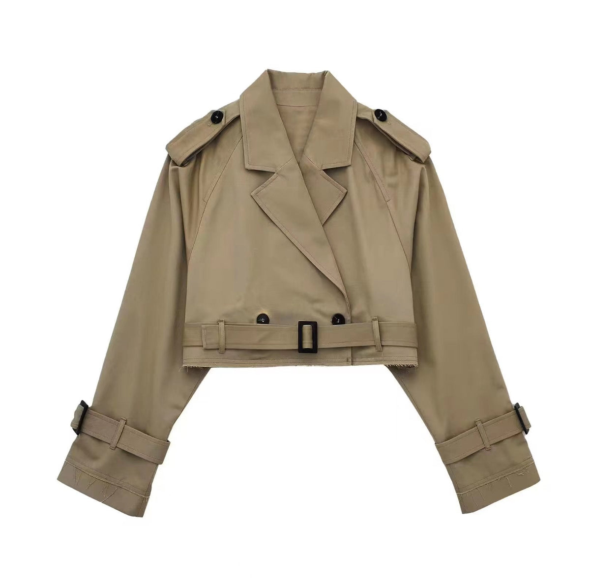 Women's Belted Cropped Trench Coat with Double-Breasted Front