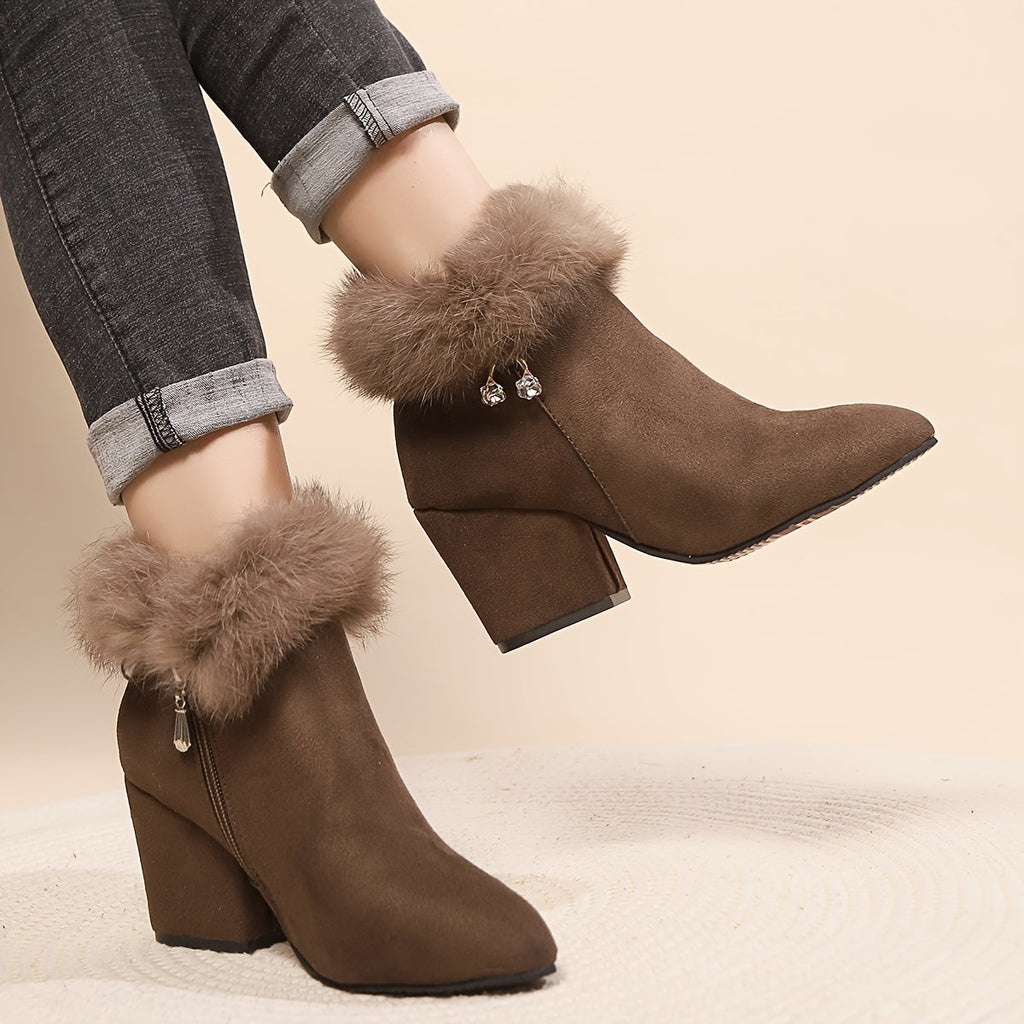 Women's Faux Fur Trim Ankle Boots with Block Heel