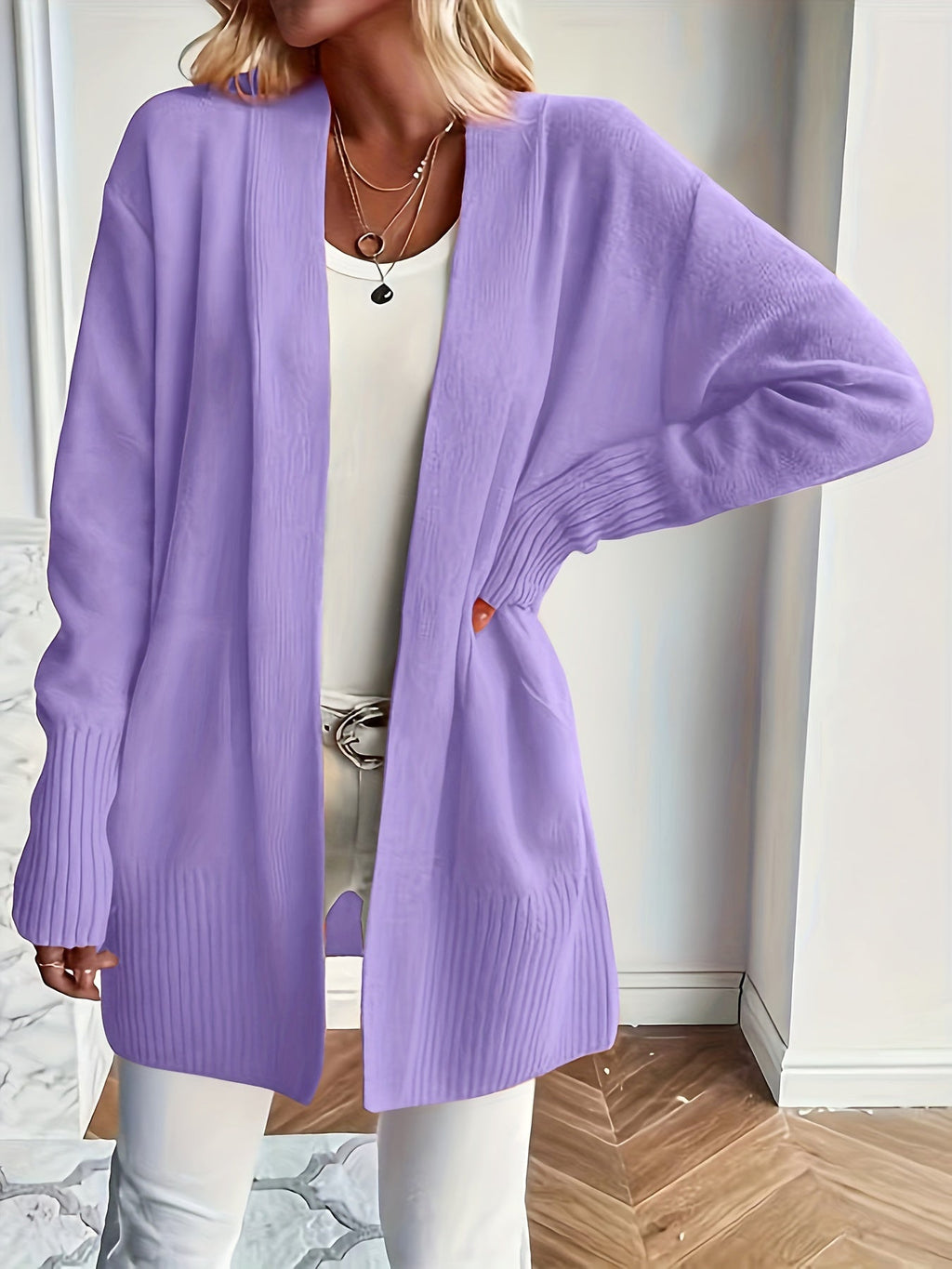 Women's Open Front Ribbed Cardigan with Long Sleeves