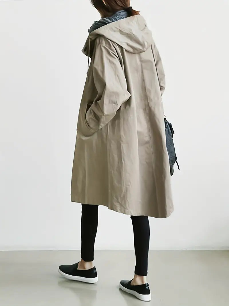 Women's Hooded Trench Coat with Drawstring Waist Tie