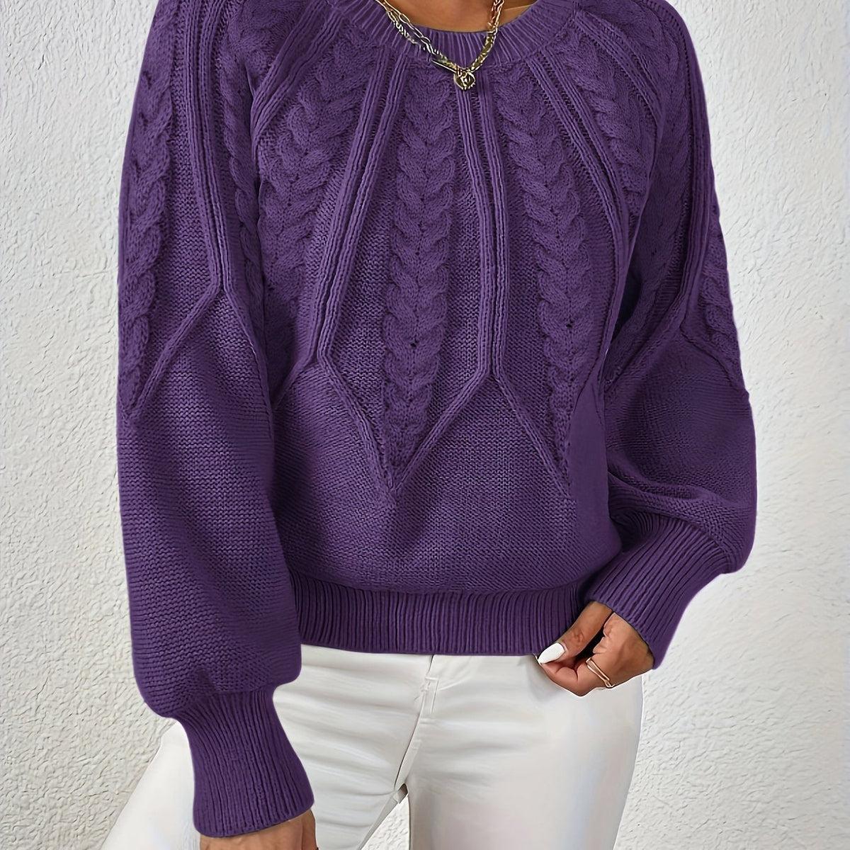 Women's Cable-Knit Raglan Sweater with Ribbed Hem