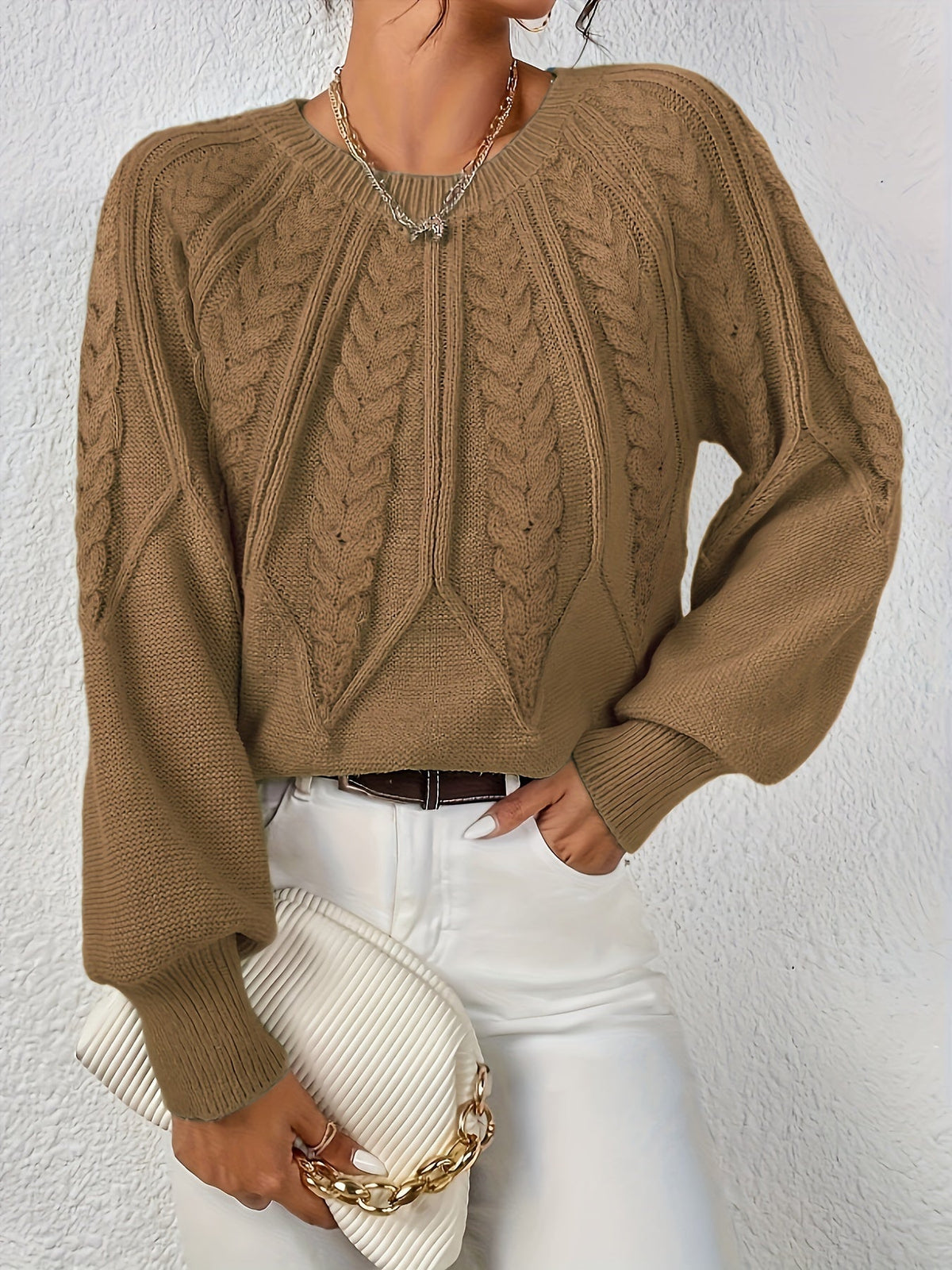 Women's Cable-Knit Raglan Sweater with Ribbed Hem