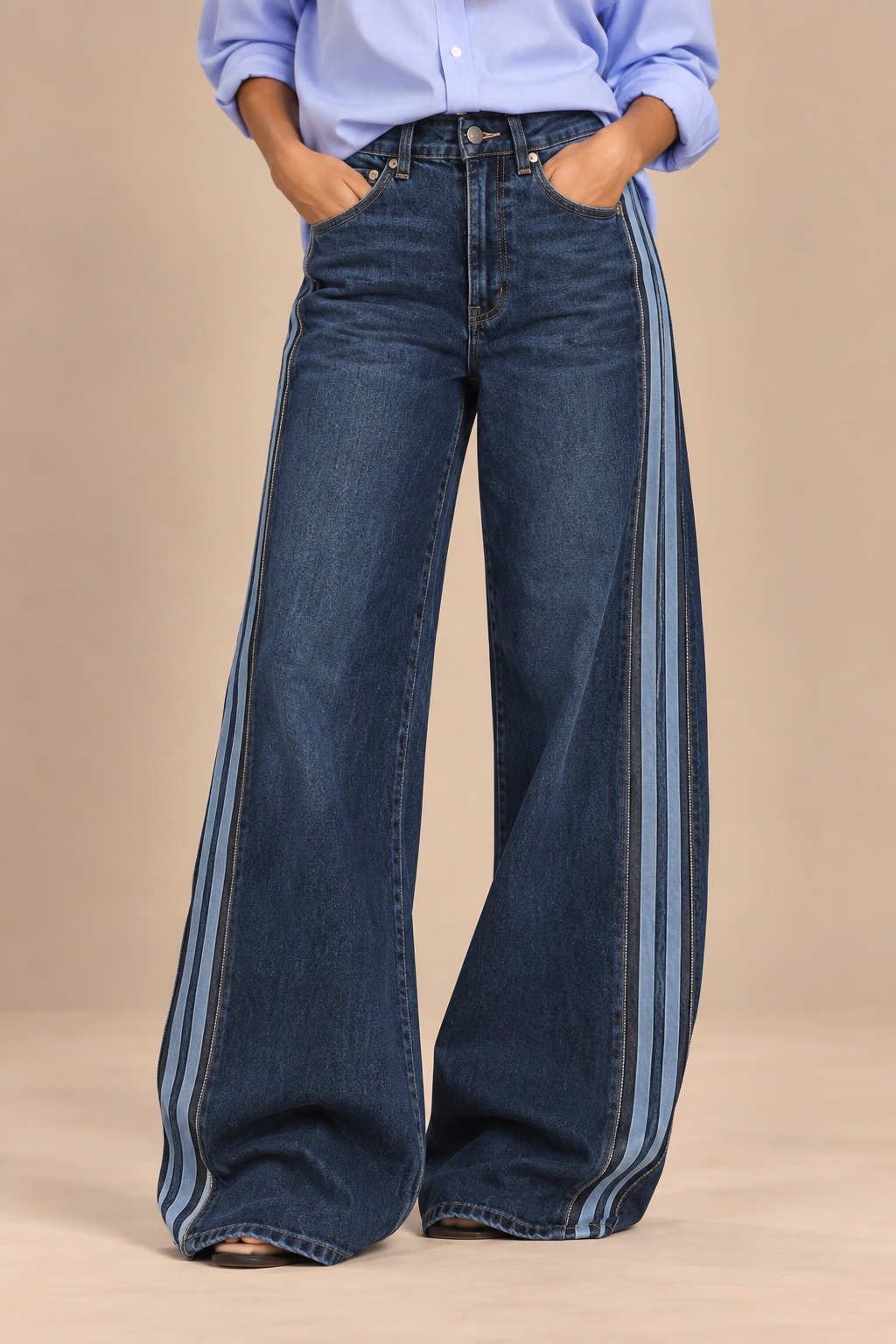 Women's Dark Blue Wide-Leg Jeans With Side Stripes