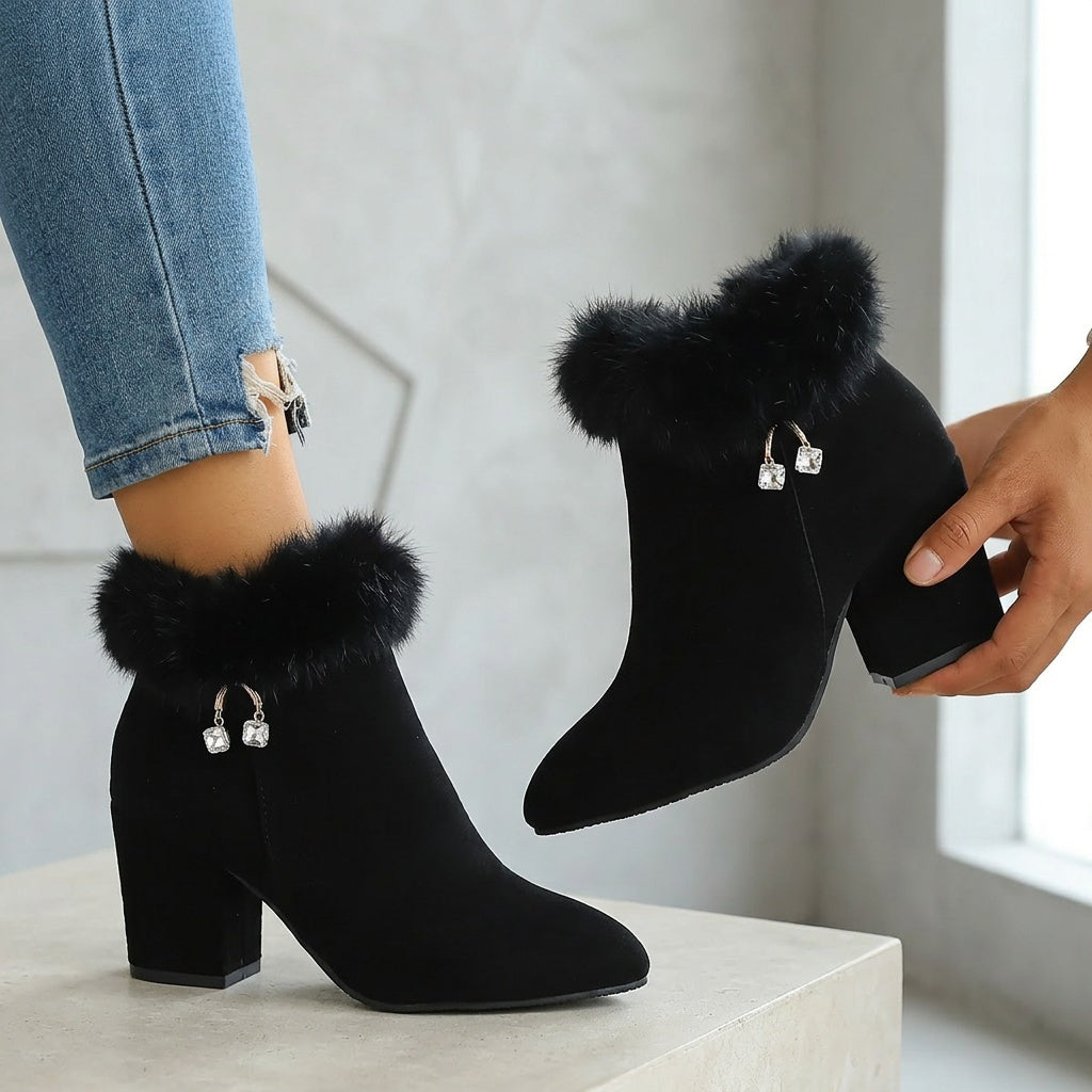 Women's Faux Fur Trim Ankle Boots with Block Heel