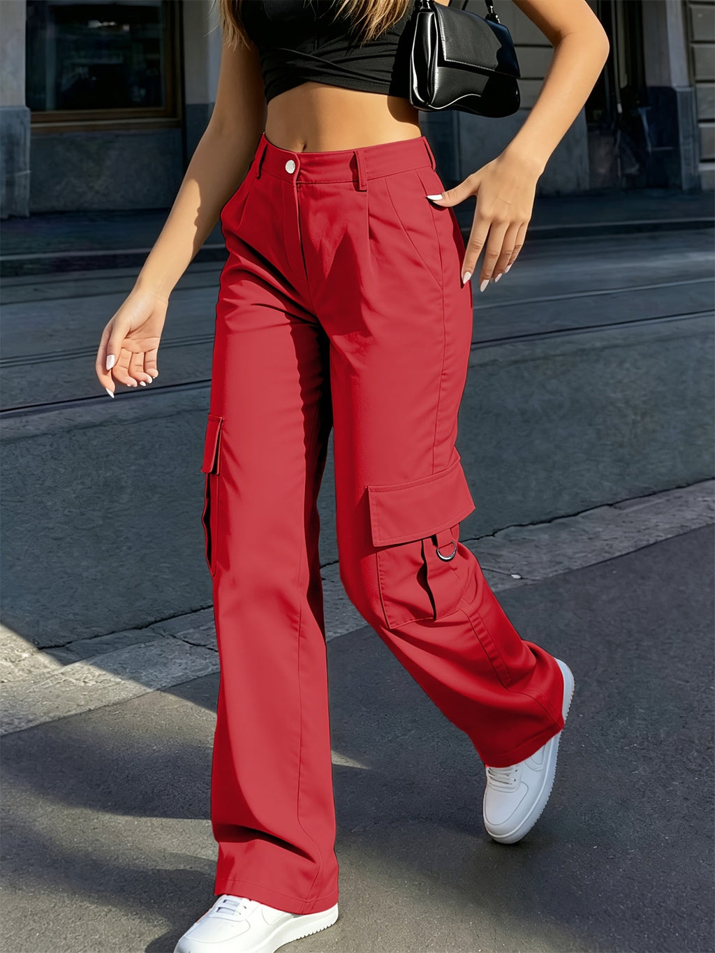Women's High-Waisted Wide-Leg Cargo Pants with Pockets