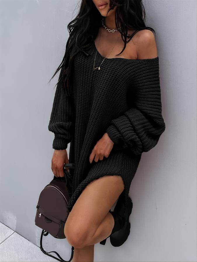 Women's Oversized V-Neck Sweater Dress with Drop Shoulder