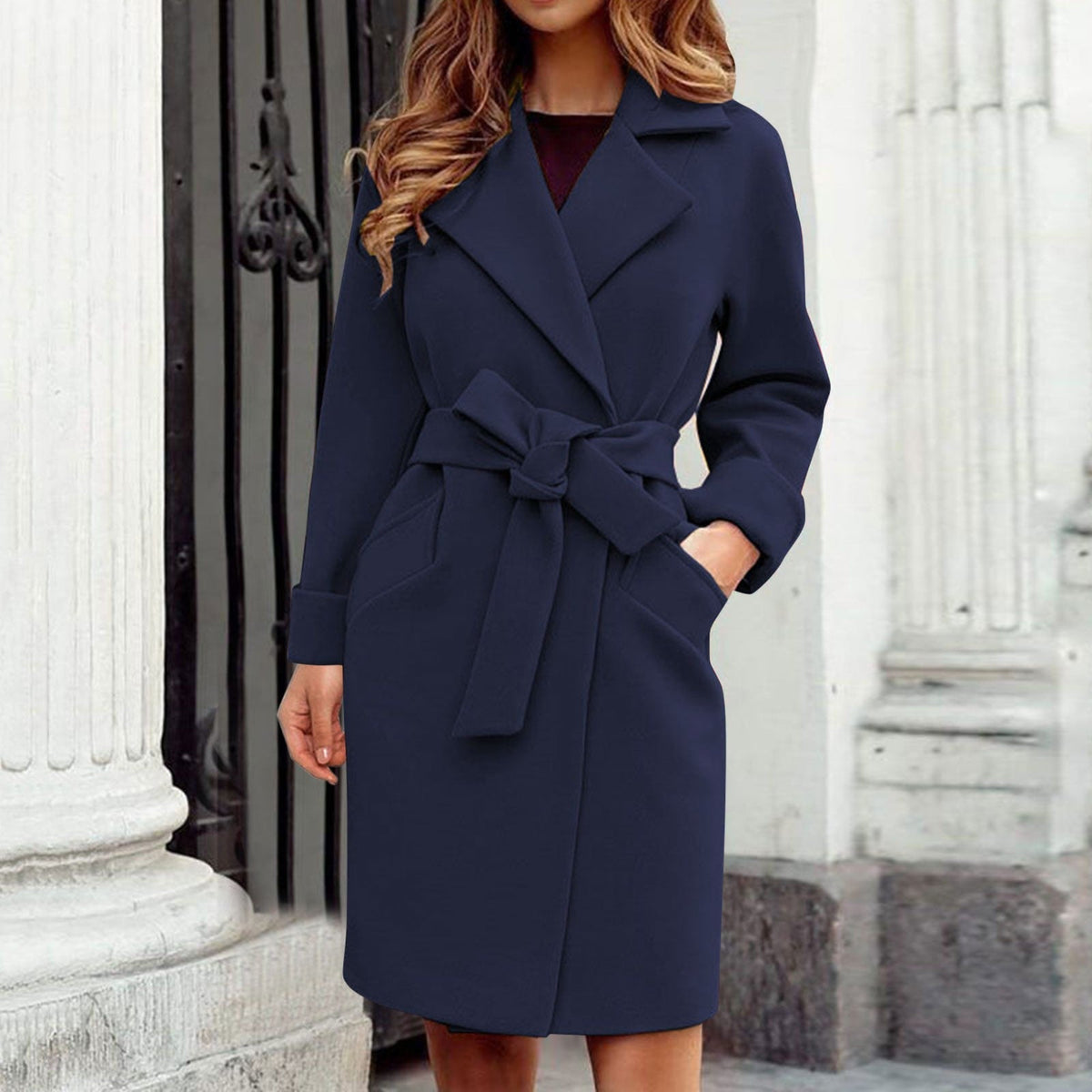 Women's Belted Trench Coat Notch Collar Long Sleeve