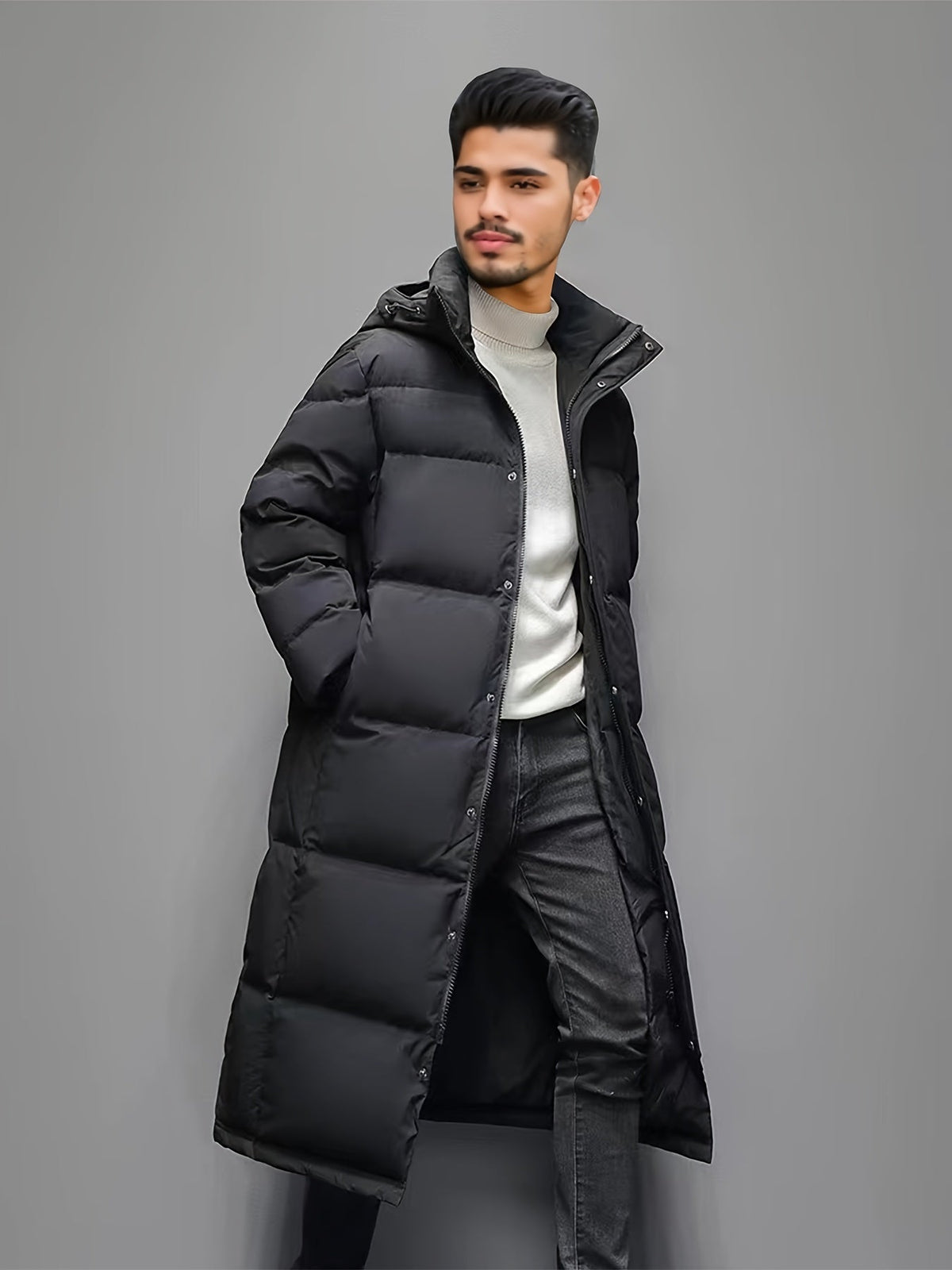 Men's Black Hooded Long Puffer Coat, Zip Front