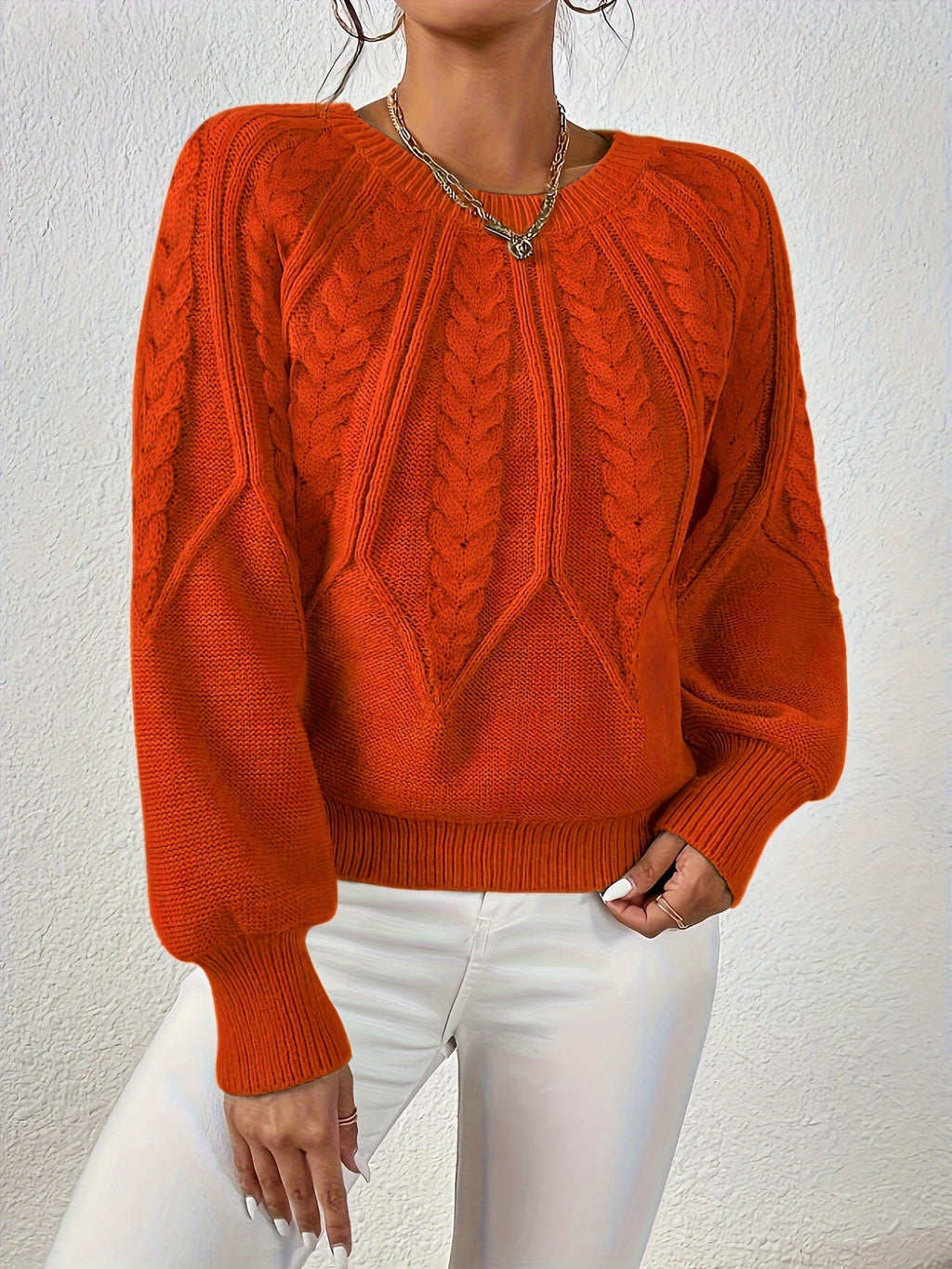 Women's Cable-Knit Raglan Sweater with Ribbed Hem