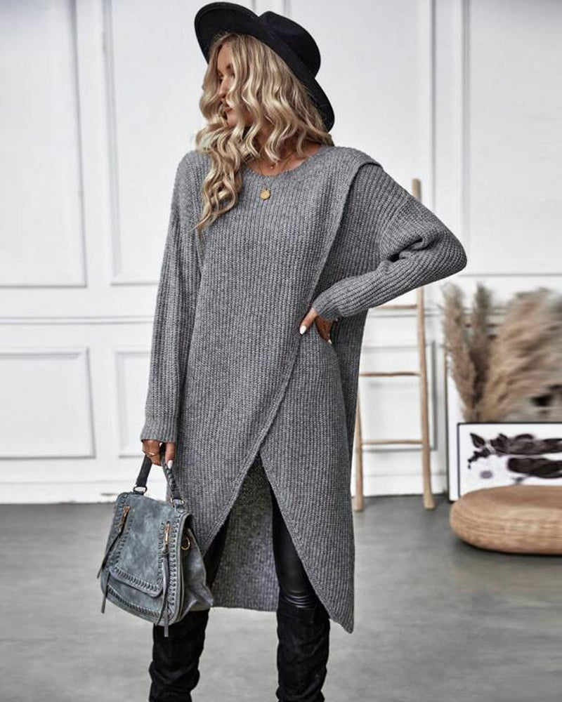 Women's Ribbed Sweater Dress Long Sleeve Knee-Length