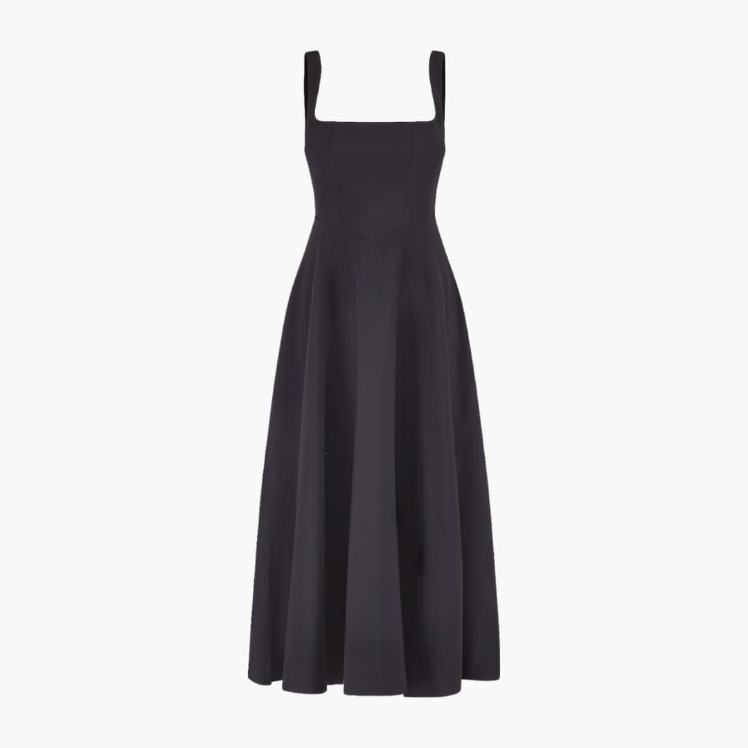Women’s Midi Dress with Square Neckline and Flared Skirt