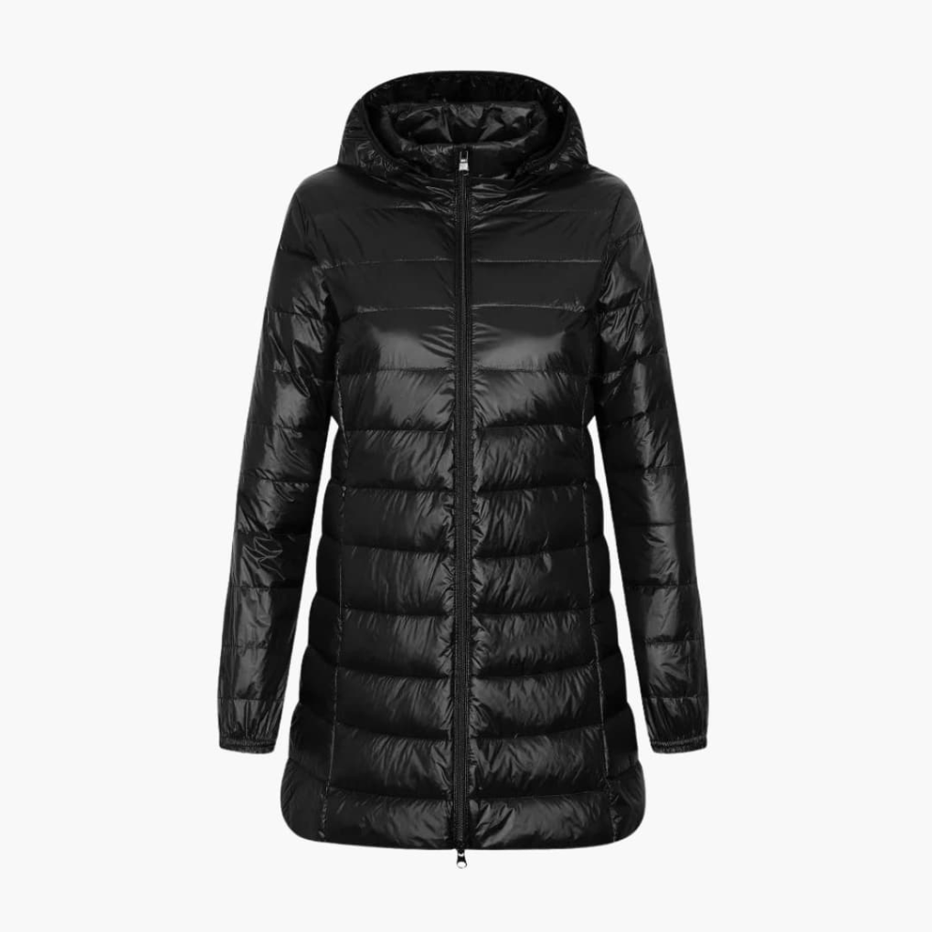 Women's Hooded Long Down Jacket with Quilted Front