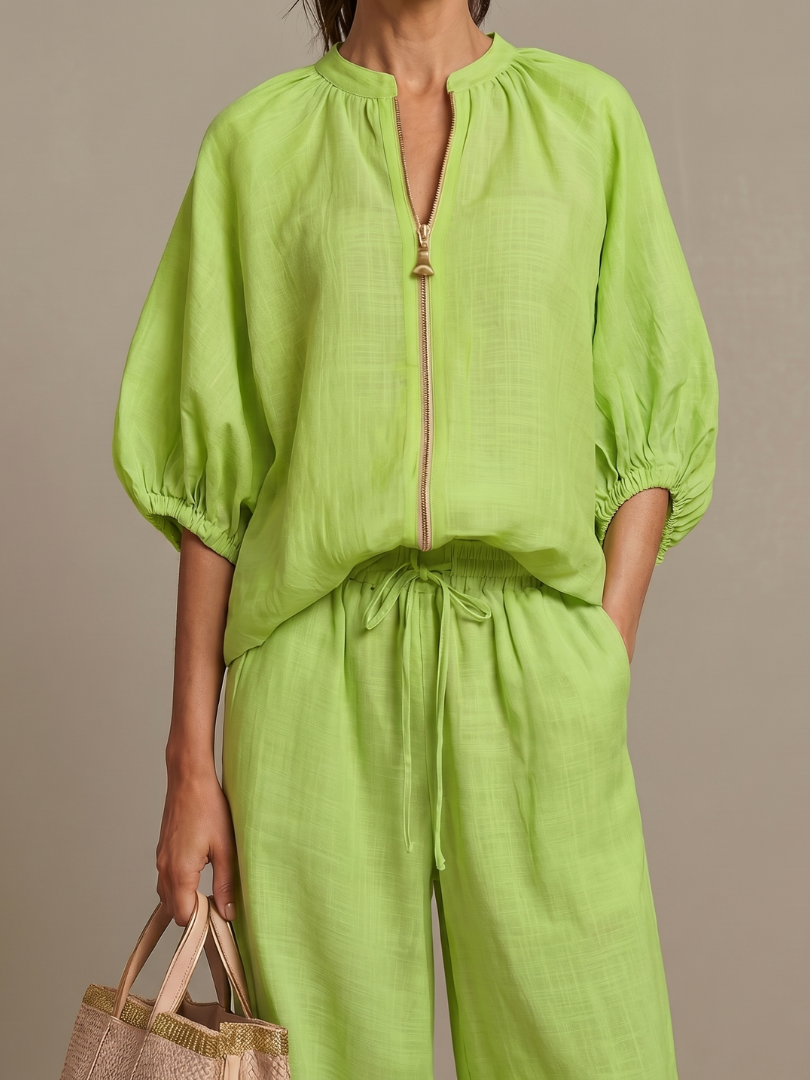 Natalia | Zip Front Blouson Top Wide Leg Set