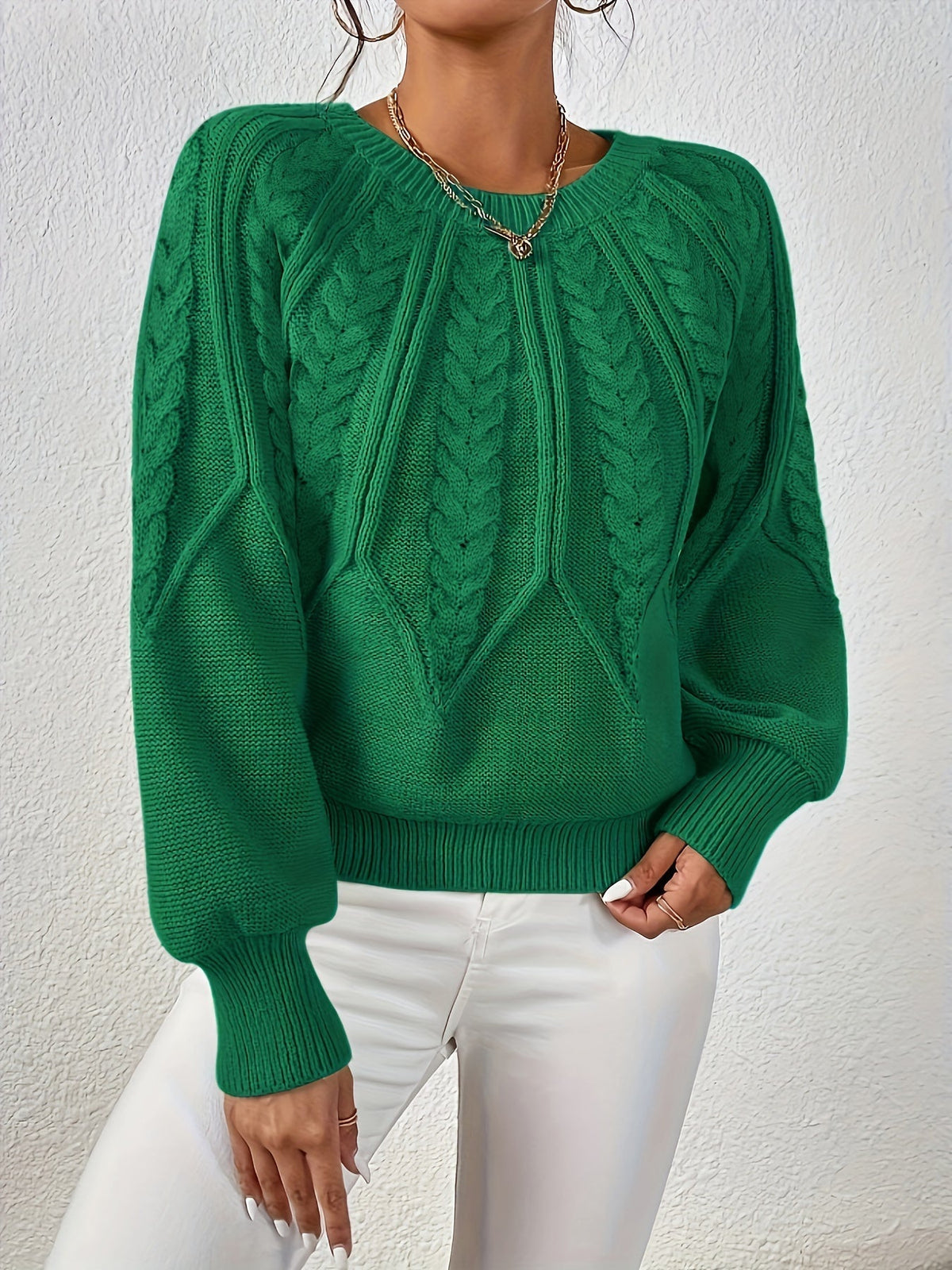 Women's Cable-Knit Raglan Sweater with Ribbed Hem