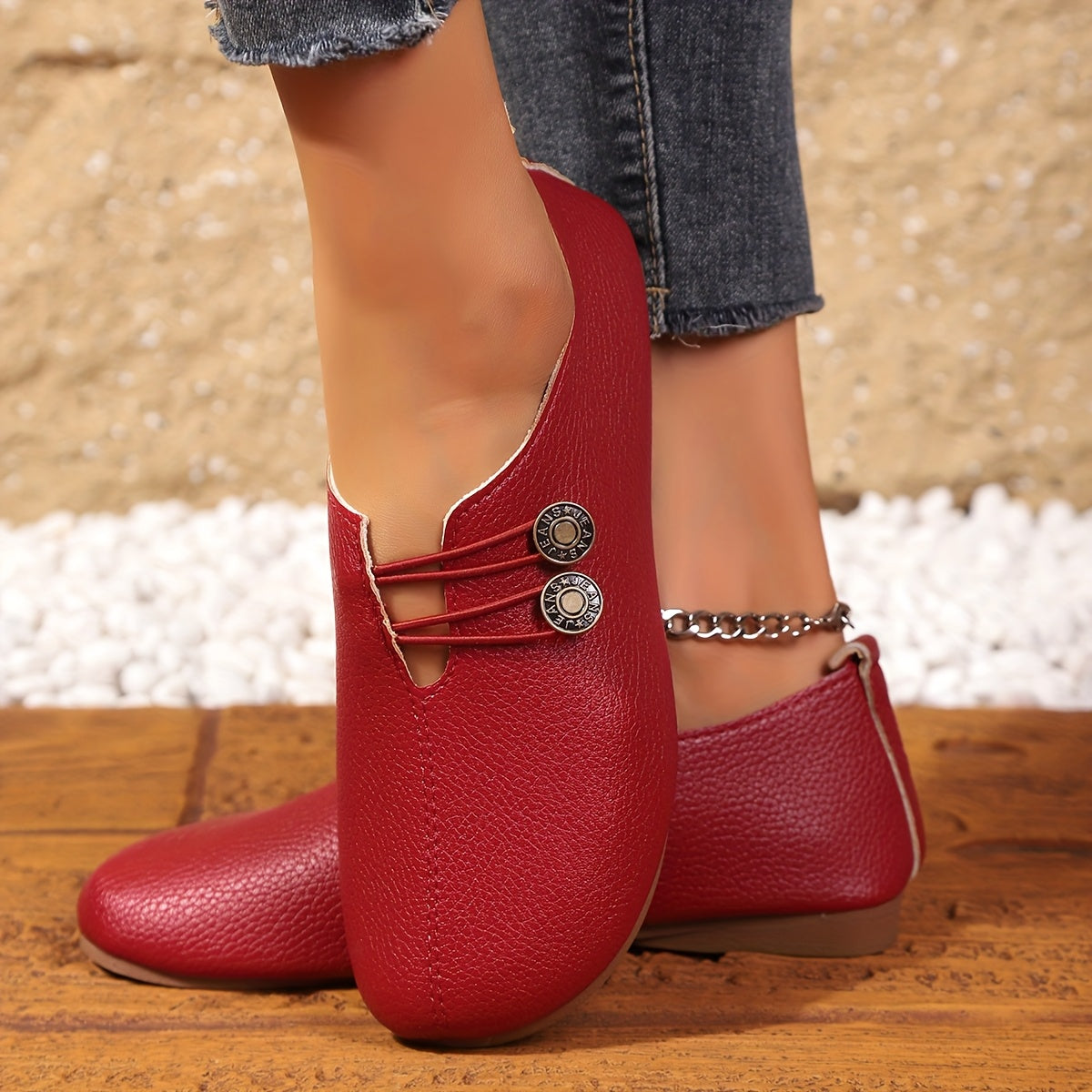 Women's Slip-On Loafers with Button Detail Low Heel