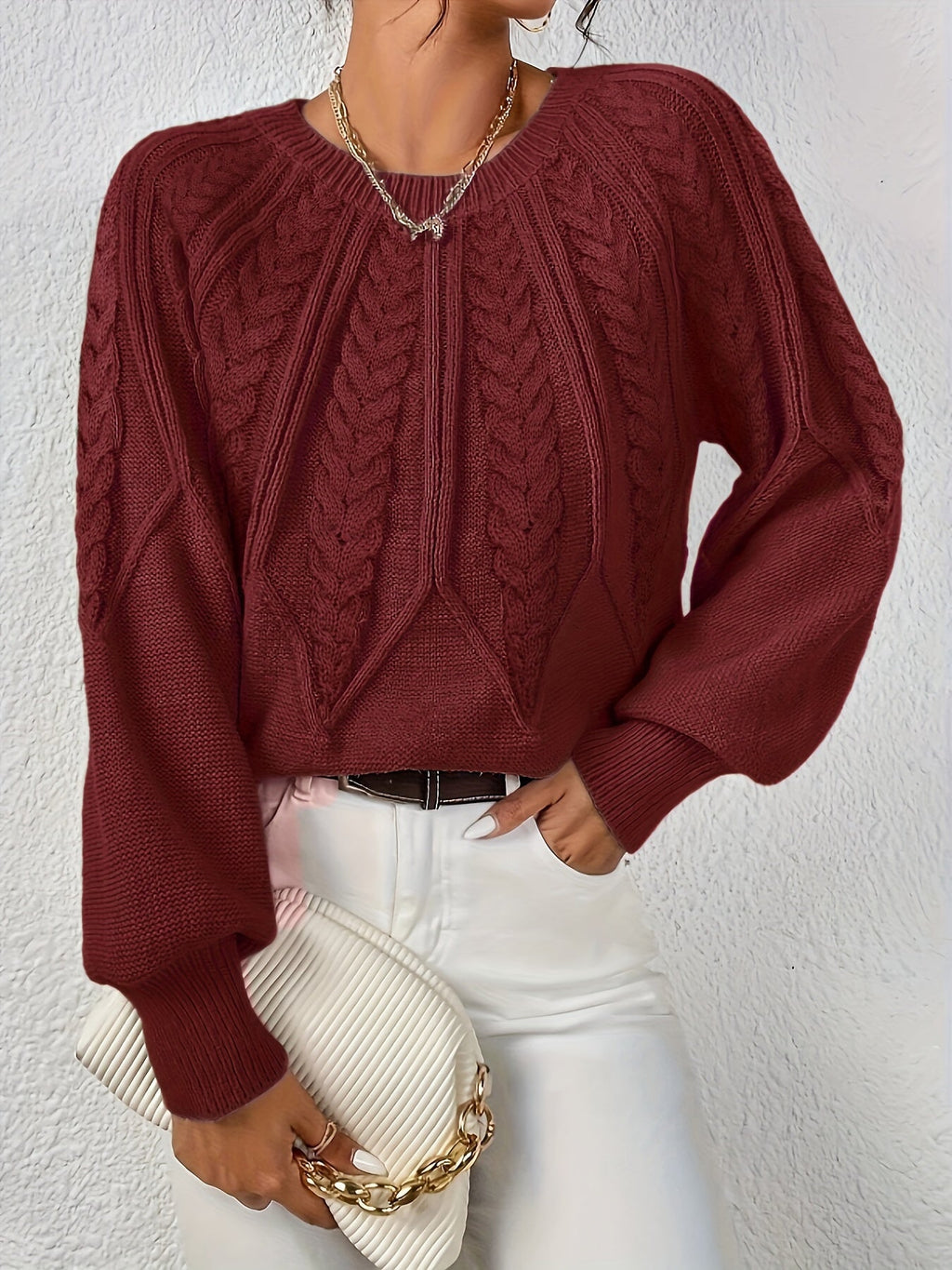 Women's Cable-Knit Raglan Sweater with Ribbed Hem