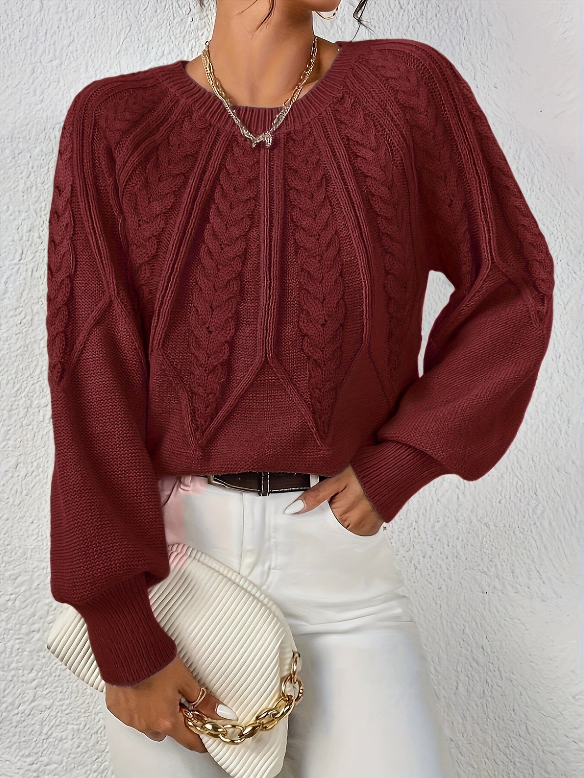 Women's Cable-Knit Raglan Sweater with Ribbed Hem
