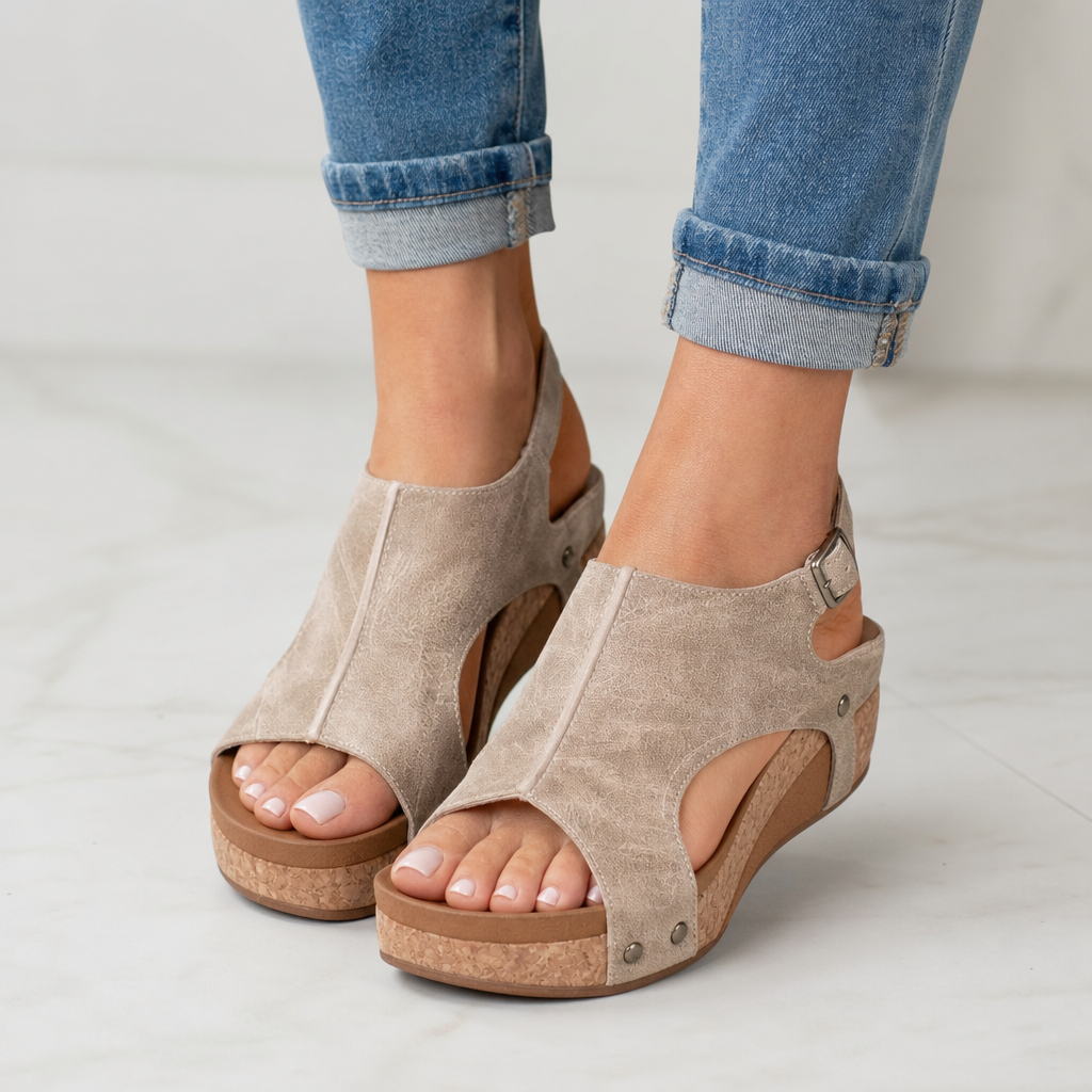 Ravello Peep-Toe Cork Wedge Slingback