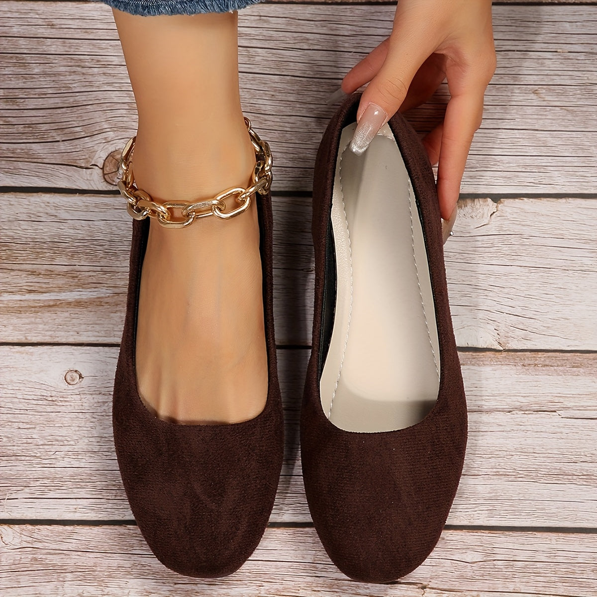Women's Flat Shoes with Plain Toe and Slip-On Design