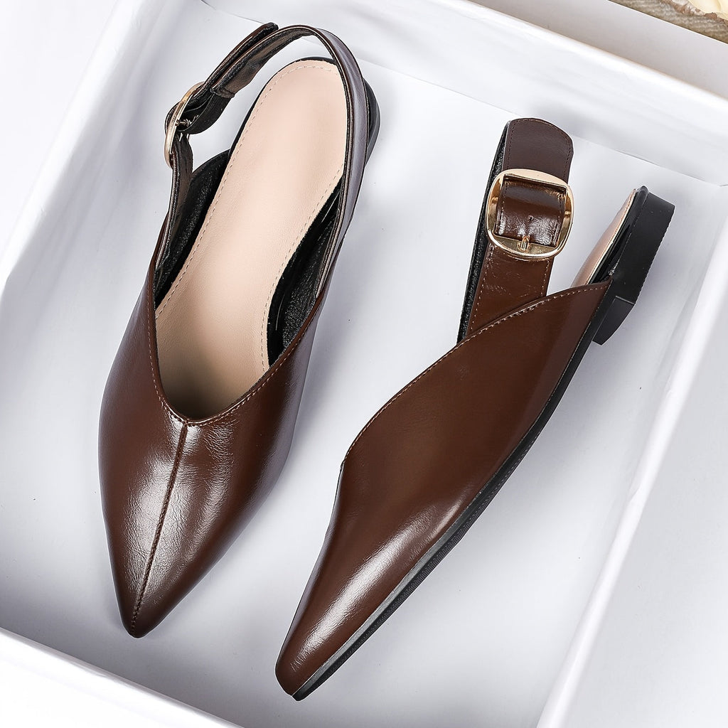 Women's Flat Slip-On Mules with Pointed Toe and Buckle Closure