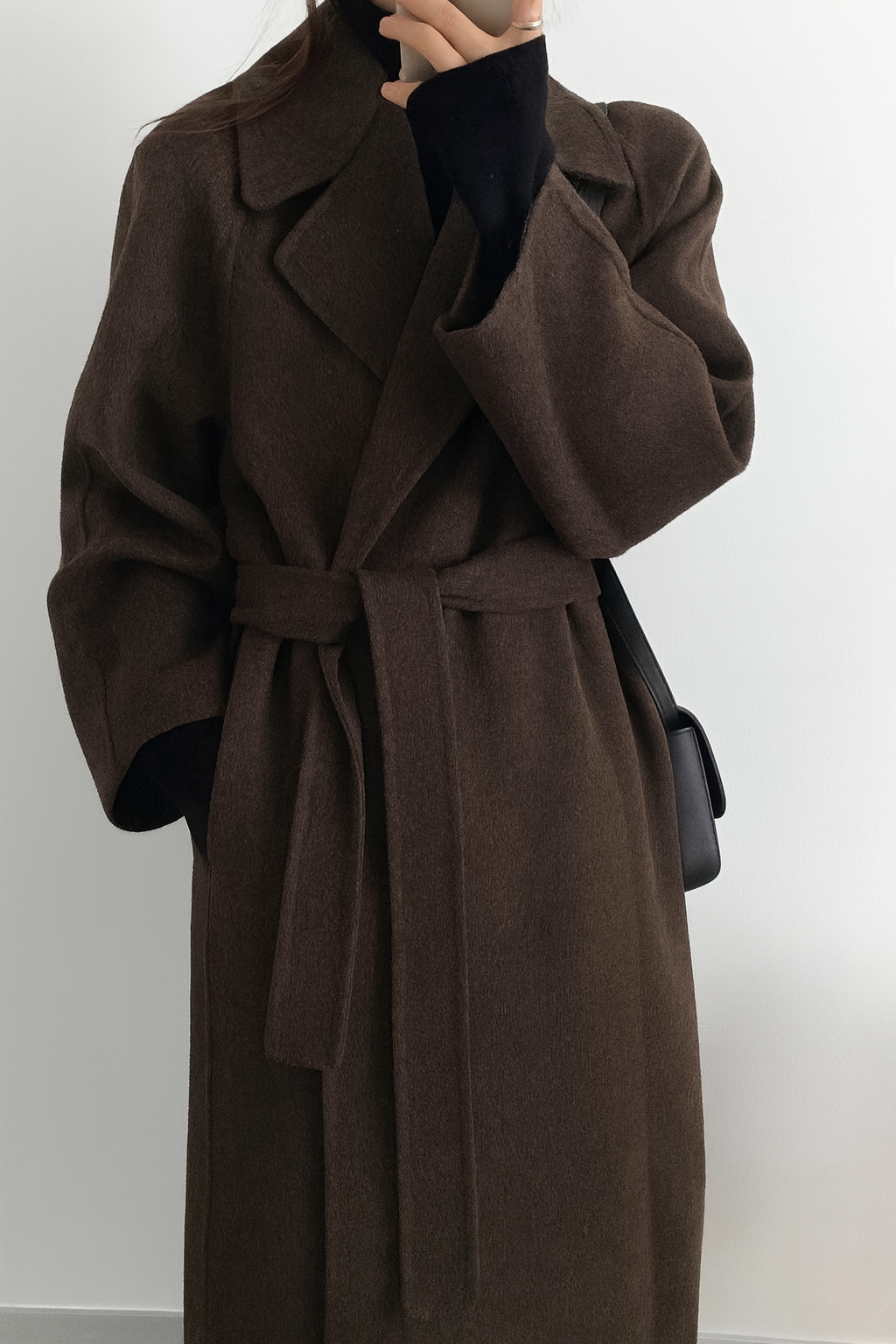Women's Long Wrap Coat, Wide Lapels, Tie Belt, Long Sleeves