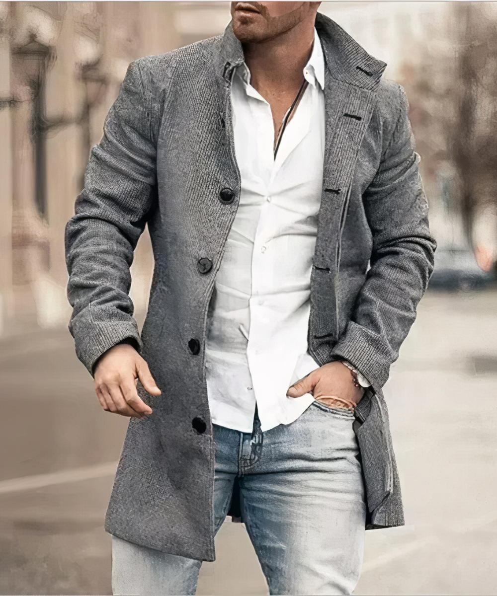 Men's Trench Coat, Button Front, Long Sleeves, Mid-Length