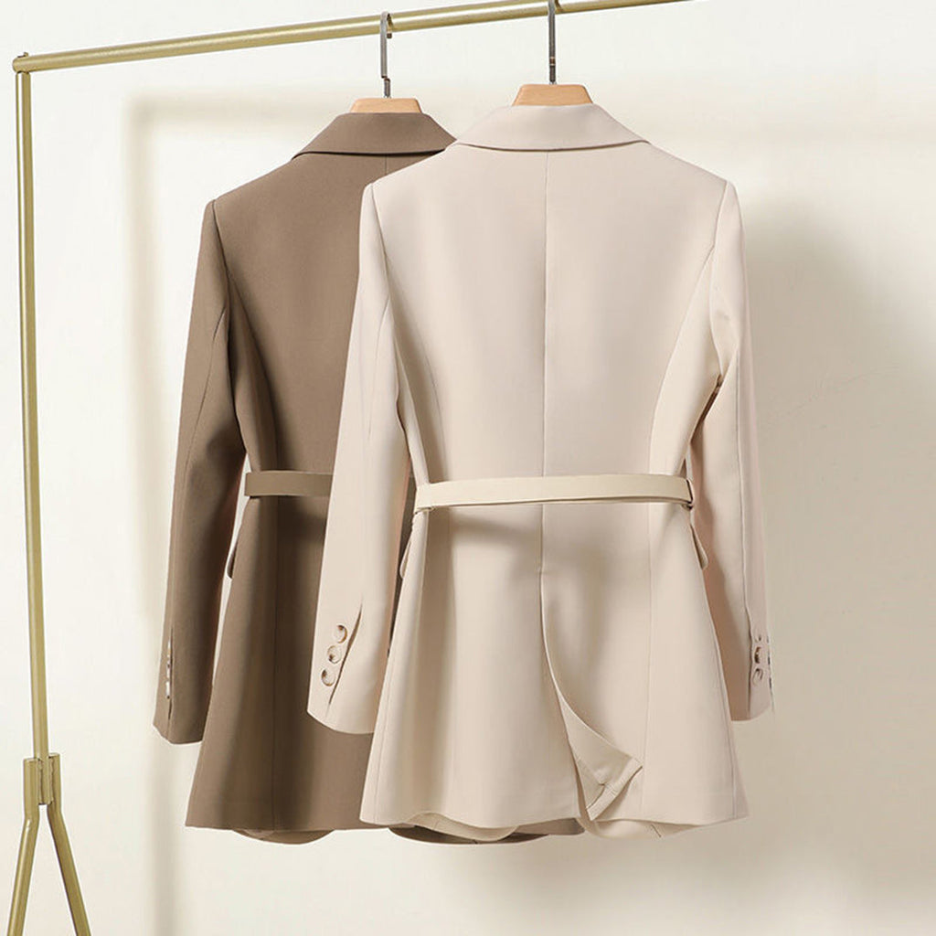 Women's Belted Blazer Jacket with Notched Lapel Collar