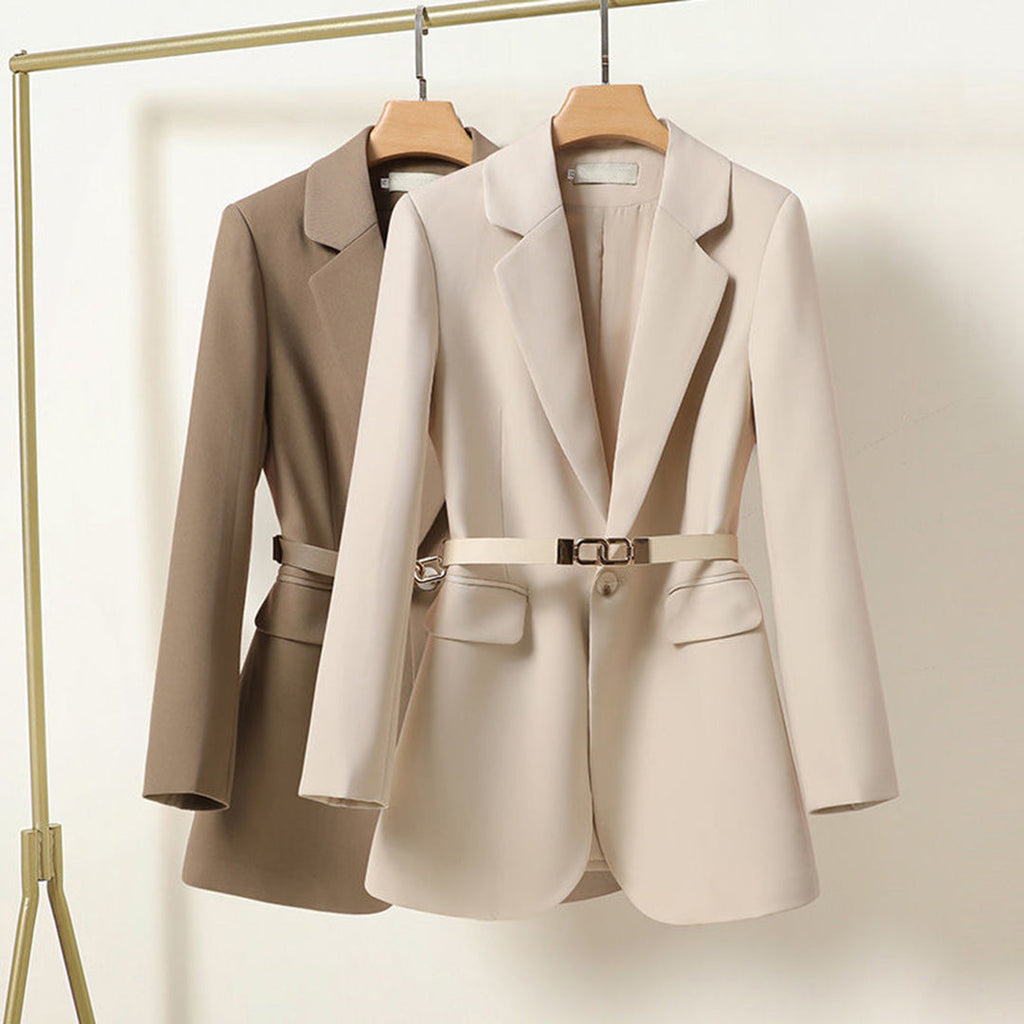 Women's Belted Blazer Jacket with Notched Lapel Collar