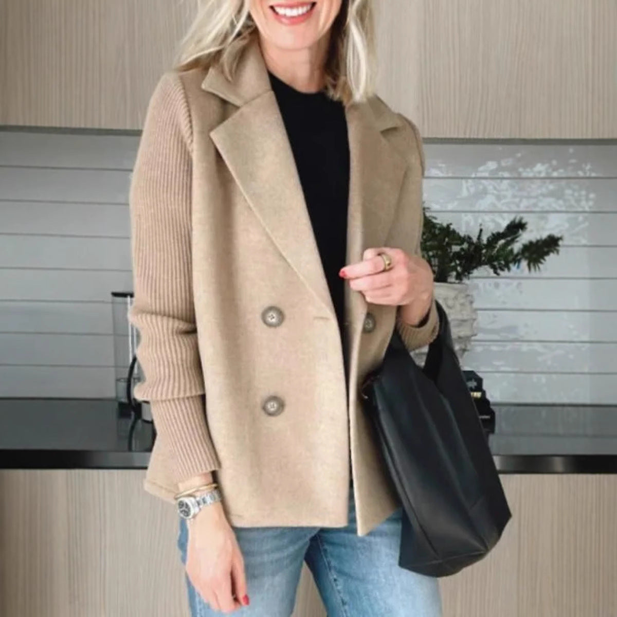 Women's Wool Coat with Ribbed Knit Sleeves and Button Fastening
