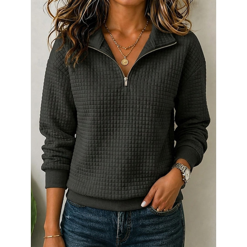 Women's Textured Quarter-Zip Sweatshirt, Long Sleeves, Ribbed Trim