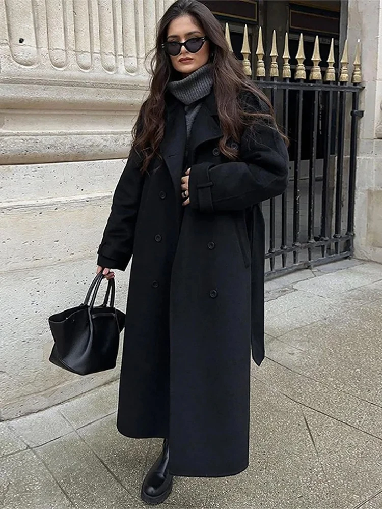 Women's Long Trench Coat, Double-Breasted, Belted