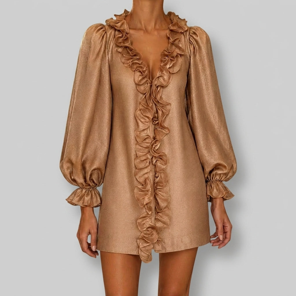Ariana - Women's Ruffle-Front Cocktail Dress with Puff Sleeves