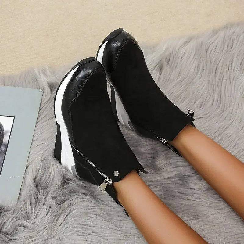 Women's Textured Ankle Boots, Side Zipper, Wedge Platform