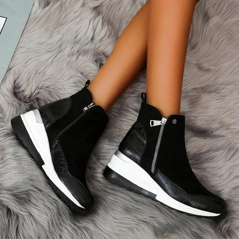 Women's Textured Ankle Boots, Side Zipper, Wedge Platform