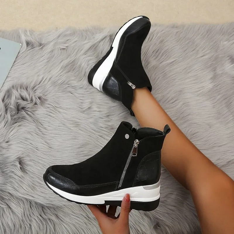Women's Textured Ankle Boots, Side Zipper, Wedge Platform