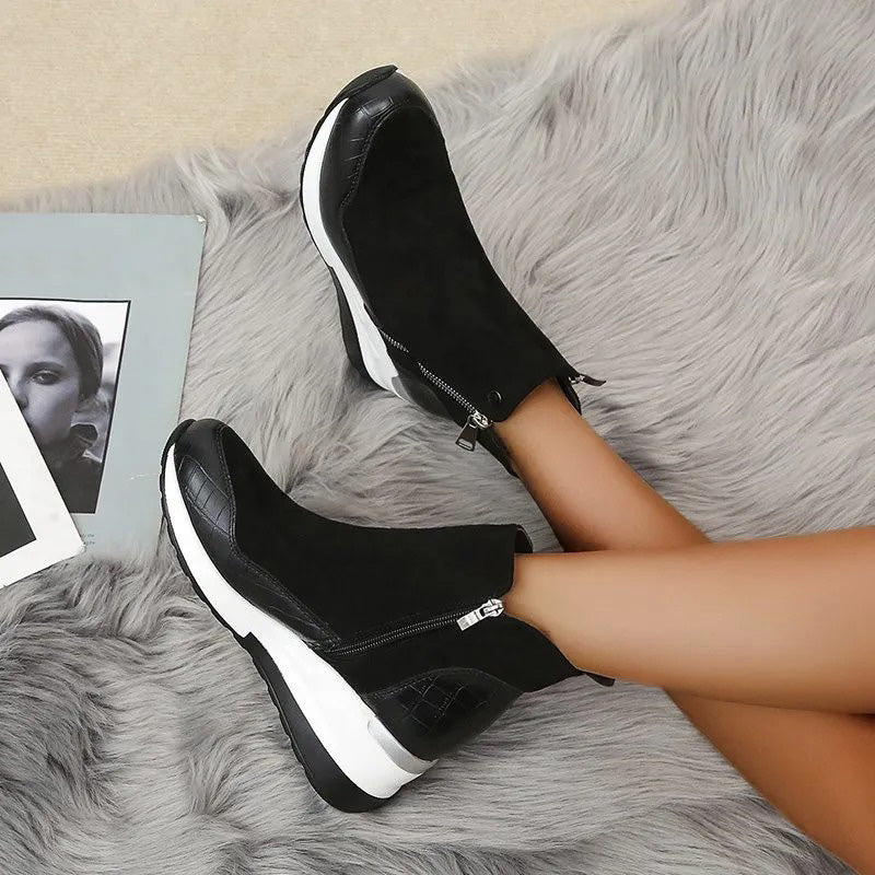 Women's Textured Ankle Boots, Side Zipper, Wedge Platform