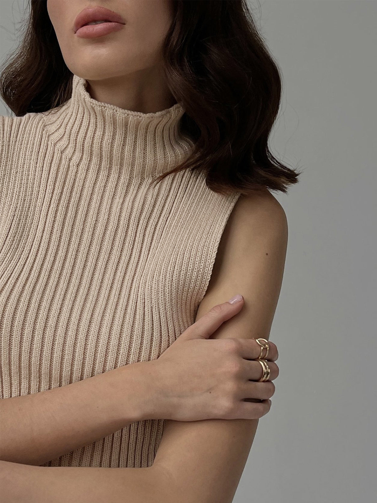 Women's Ribbed Sleeveless Knit Top, Mock Neck, Fitted