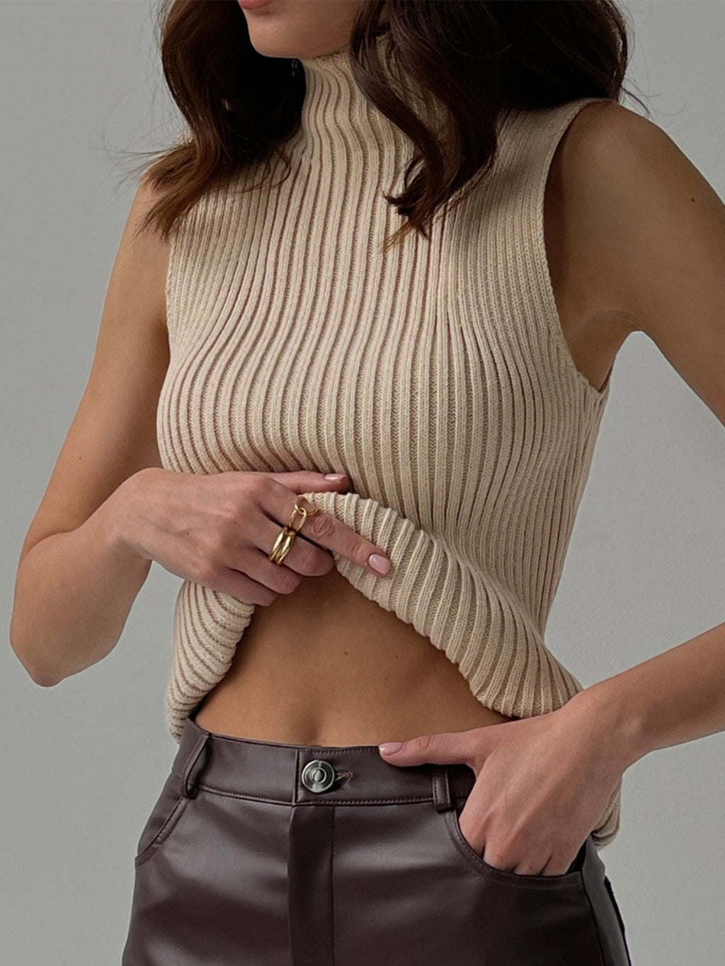 Women's Ribbed Sleeveless Knit Top, Mock Neck, Fitted